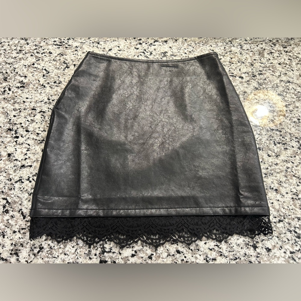 Lulu's Black Faux Leather Mini Skirt with Lace Hem